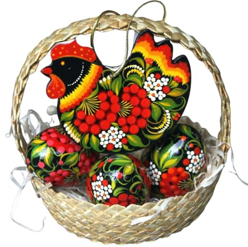 Schönes Osterkörbchen Handbemalte Ostereier mit Huhn Dekoration aus Holz in Handgeflochtenen Strohkörbchen - Hochwertiges Ostergeschenk in der Ukrainie Handgemacht und Handbemalt