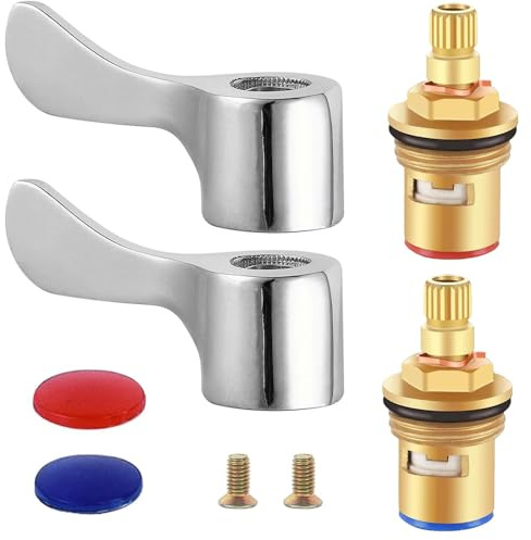 Replacement Tap Valves, 2 Sets Tap Cartridge Replacement Mixer | Universal 1/2 Replacement Tap Valves with 2 Metal Lever Heads for Kitchen Bathroom Tap Replacement