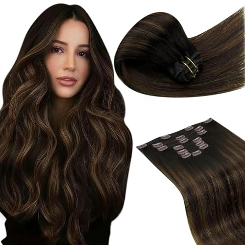 LaaVoo Echthaar Extensions Clip Braun 60cm 150g Extensions Clip in Echthaar Braun Ombre Hellbraun Clips Extensions Echthaar Doppelt Tressen 7PCS #2/8/2