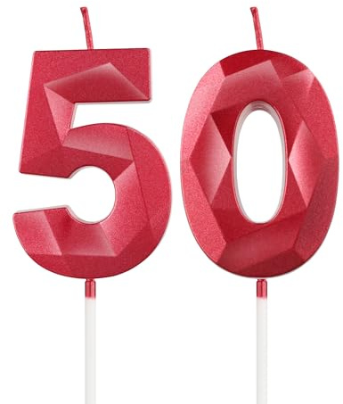 mciskin Red 50th Birthday Candles, 3D Number 50 Candles for Cake, Women Men 50th Birthday Decorations,Pearl Red Candle Cake Topper Decorations for Birthday Party Weddings Anniversary Supplies