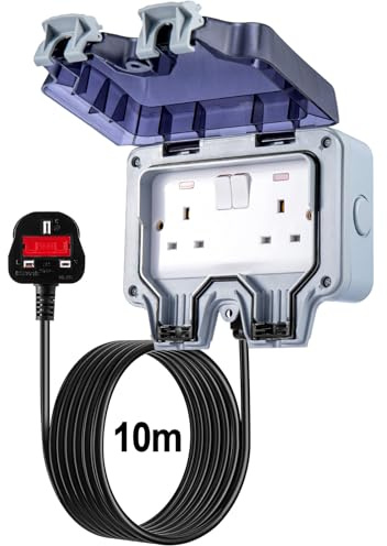 Trintion 2 Gang IP66 Outdoor Socket 13Amp with Extension Lead Switched Sockets Garden Power Socket External Mains Outlets Wall Plug Socket Box (10m)