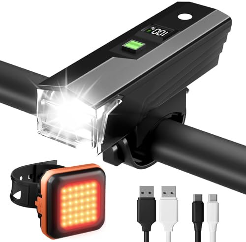 CLOPAE Bike Lights Front and Back, Super Bright LED Bicycle Lights, [Battery Level Display] & [Light Source Sensing], USB-C Rechargeable Bike Light Set for Mountain, Road, Night Riding