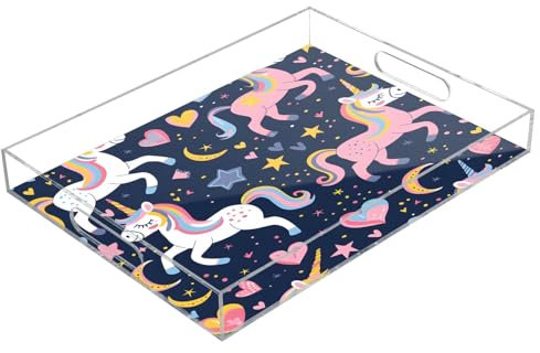 Seamless Girlish Unicorn Acrylic Serving Trays, Clear Rectangular Tray with Handles Serving Platter for Coffee Table Kitchen Bathroom