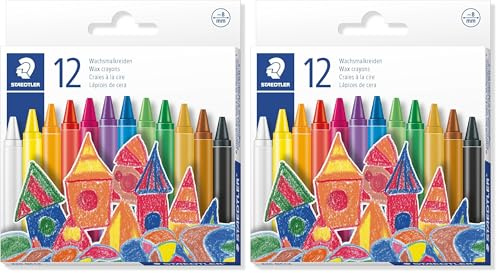 Staedtler Wachsmalkreide, leuchtende Farben, 8 mm Durchmesser, mit Papiermanschette, 12 Wachsmalkreiden in sortierten Farben im Kartonetui, 220 08 C12 (Packung mit 2)