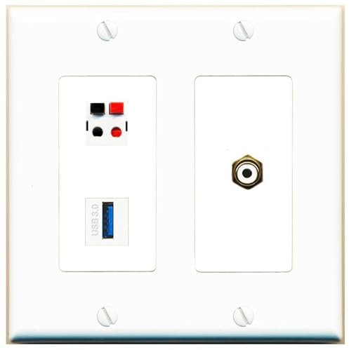 RiteAV 2 Gang 1 puerto RCA - Altavoz blanco USB-3 Jack Acoplador hembra-hembra placa de pared [Blanco]