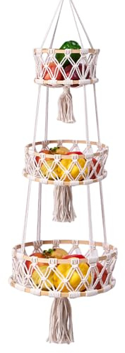 YANGUN 3-Tier Hanging Fruit Basket, Boho Wall Storage Basket, Macrame Fruit Basket, Boho Wall Fruit Holder for Vegetable Kitchen Countertop(110cm,Beige)