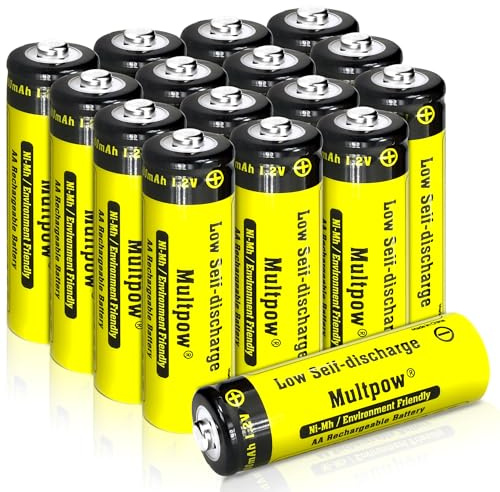 KLGFI Akku AA 16 Stück, 2600mAh AA Akkus Wiederaufladbar, Gelb | NI-MH Aufladbare Batterien AA, Hohe Kapazität 1.2V Battery, Geringe Selbstentladung Haushaltsbatterien