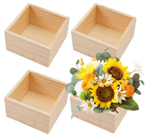 WhizNook 4 Pezzi Scatole Portaoggetti In Legno Grezzo, 10x10x6 cm Piccole Scatole Quadrate In Legno Naturale Rustico, Per Decorazione, Piante Grasse