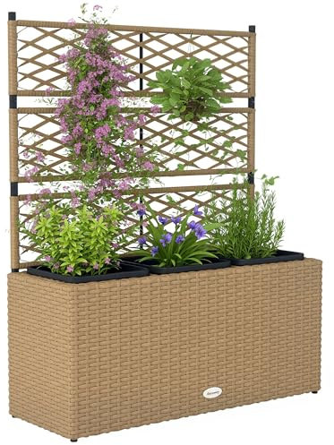 Outsunny Jardinière pour Plantes avec Treillis 3 Pots bacs à Plante jardinière 33L Jardin Balcon Patio terrasse extérieur en résine tressée et Acier 84 x 30 x 107 cm Sable Noir