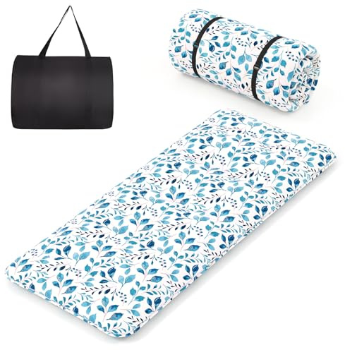 COSTWAY Japanische Futon Matratze, Tatami-Matte, Bodenmatratze, Klappmatratze mit waschbarem Bezug, Faltbare Schlafmatte mit Tragetasche, Beige, 90 x 200 cm (90 x 200 cm,Blaublatt)