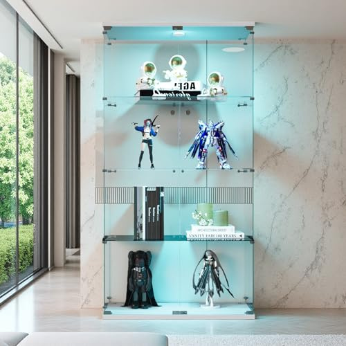 Glasvitrinskåp med LED-belysning, 2 dörrar stående vitrinskåp, 4 lager glasvitrinskåp, stående glasvitrinskåp, för vardagsrum kontor, samlarvitrinskåp, vit (vit, 80,49 x 36,49 x 163,9)