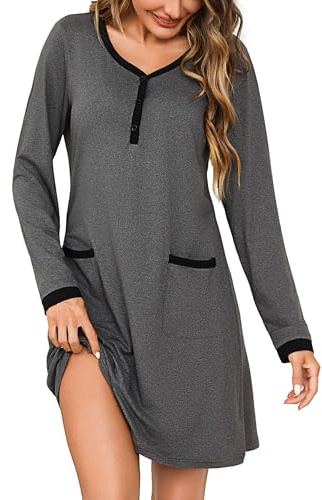 Litherday Camisón Mujer Algodón Manga Larga con Bolsillos y Botones – Camisón Largo Cómodo de Casa Invierno Ropa de Dormir Clásica Gris Oscuro XL