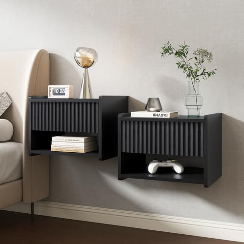 LYNCOHOME Floating Bedside Table, Black Bedside Tables Set of 2 with Shelf, Bedside Drawers, Strudy End Table, Bed Side Table for Bedroom, Living Room,Hallway,Home Office, 2 Pack
