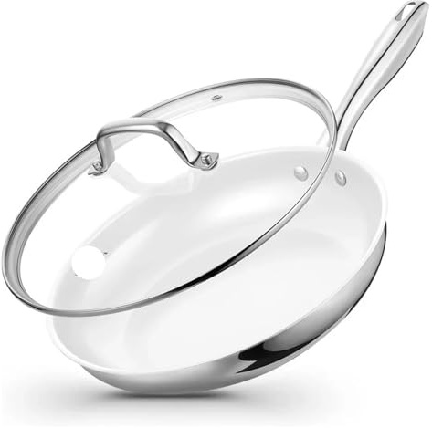 Pentola Antiaderente Rivestita In Ceramica Bianca, Padella In Acciaio Inox Con Coperchio, For La Cena In Casa, For Bistecche, Utensili Da Cucina(12inch)