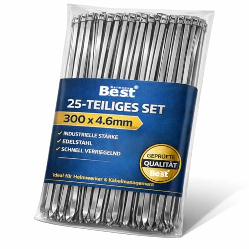 25 bridas para cables de acero inoxidable – 300 x 4,6 mm – bridas metálicas extrafuertes, resistentes a altas temperaturas, para gestión de cables, construcción de vallas, cintas