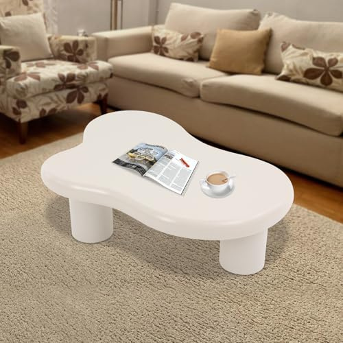 GIDRLL Mesa de centro en forma de nube en color blanco crema, mesa auxiliar moderna de madera maciza, ideal para salón y dormitorio, diseño minimalista con 3 patas, fácil de montar y elegante