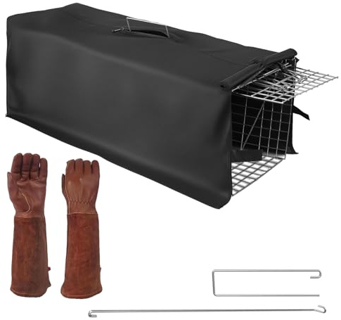Humane Animal Trap Cage Collapsible Cat Trap Cage Live Animal Rodent Cage with Waterproof Cover Gloves Galvanized Wire for Raccoons Beavers Groundhogs Armadillos