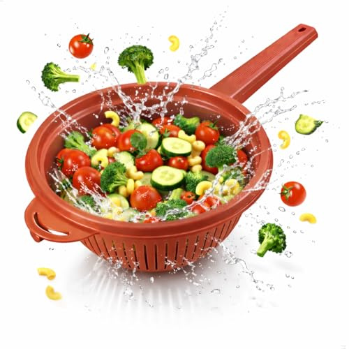 Stielsieb Kunststoff Stielseiher Nudelsieb mit Griff Küchensieb Abtropfsieb Sieb Plastik Handsieb Seiher Blanchiersieb Küchenhelfer Abseiher Salatsieb Passiersieb Spitzsieb stapelbar 40 cm rot