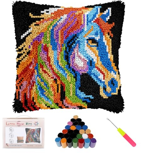 BUTORY 17x17in Latch Hook Pillow Kit DIY Crochet Cushion Cover with Yarn Hook Handmade Craft Present for Adult Beginner(colour-1-horse)