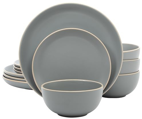 Gibson Home Rockaway 12-Piece Stoneware Dinnerware Set, Matte Finish, Service for 4, Modern Ceramic Plates and Bowls, Microwave & Dishwasher Safe – Soft Gray - Service for 4