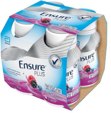 Ensure Plus Supplemento Nutrizionale Ipercalorico con Proteine, privo di Fibre |Formato bevanda| Alimento a fini medici speciali completo e bilanciato | Confezione 4x200ml Gusto Frutti di Bosco