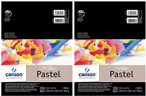 2-Pack - Canson Mi-Teintes Pastel Paper Pad, White with Glassine, Dual Sided Light and Heavy Texture, Top Wire Bound, 98 Pound, 9 x 12 Inch, White, 16 Sheets Each Pack