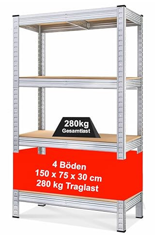 Izzy 1 Regal, Robustes Kellerregal aus Metall, Schwerlastregal, Steckbares Lagerregal, Einfach zu Montieren, Verzinkt, 4 Böden mit den Maßen 150 x 75 x 30 cm, 280 kg Tragkraft