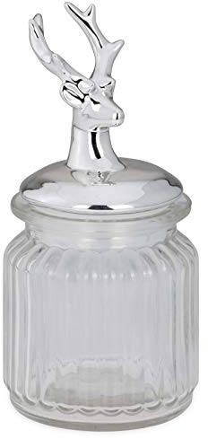 H.Bauer jun. Mehrzweck Glasdose Ø 7.8 x 14.5 cm - Universaldose mit Porzellan-Deckel mit Rentierkopf mit Geweih als Griff - ideale Küchendose für Gewürzen oder Süßigkeiten