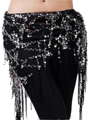 Guiran Hüfttuch Für Bauchtanz Und Latin Dance Mit Fransen Und Pailletten Für Damen Schwarz Silber Einheitsgröße