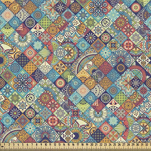 ABAKUHAUS bohemio Tela por Metro, cuadros Folk, Decorativa para Tapicería y Textiles del Hogar, 1M (148x100cm), Blasser Teal Gelb