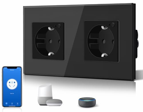 BSEED Schuko Wifi Steckdose 16A Smart Alexa Glassteckdose, 1 Pack Doppelsteckdose 2 Weg Schwarz 157mm Unterputz-Installation APP-Steuerung Arbeit mit Alexa DIY Free Spin Nur 2.4 GHz