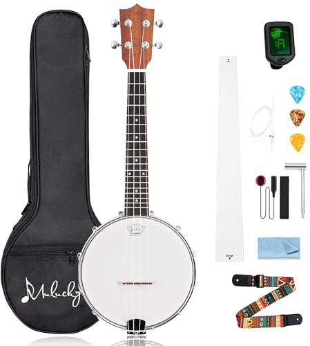 Mulucky Banjolele,Juego de 4 cuerdas para ukelele de banjo, tamaño de concierto de 23 pulgadas, parte trasera cerrada de madera maciza, bolsa de sintonizador, correa de correa de cuerda – BU806