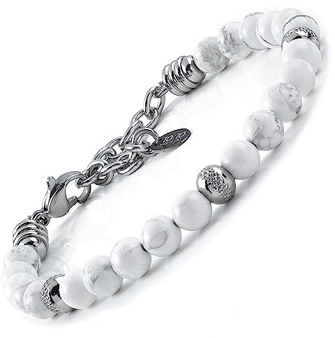 10:10 Edelstahlarmband und 6 mm naturweiße Howlithsteine, Armband für Männer und Frauen. Verstellbares Armband Made in Italy… | Halbedelsteine und Edelstahl – handgefertigtes Armband, verstellbar, wasserfest und bequem, mit Geschenkbox