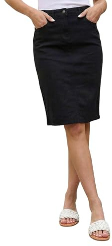 Roman Originals Denim Skirt with Pockets for Women UK - Ladies Jean Skirts Cotton Stretch Mid Wash Fitted A Line Casual Smart Work Office Knee Length Flattering Slimming - Black - Size 12