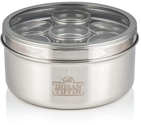 Indian-Tiffin Masala Dabba Récipient à épices hermétique - avec étiquettes et cuillère à épices (Moyen (18cm), couvercle transparent, couvercles transparents sur les pots intérieurs)