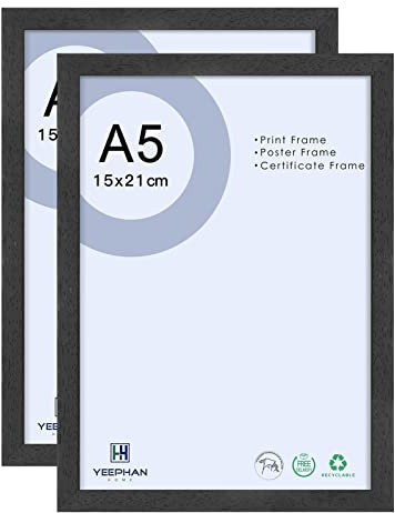 YEEPHAN Marco de fotos negro de 8 x 6 pulgadas/A5 Marco de fotos de madera maciza de 21 x 15 cm con fachada de plástico para decoración interior y pantalla de pared, 2 paquetes