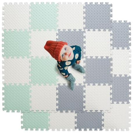 Tamiplay Foam Floor Mats for Kids, 12 x 12 Inch 16 Tiles 0.4 Thickness Foam Play Mat, Non-Toxic Square Interlocking Floor Mats Rubber Baby Play Mat for Toddlers(White/Gray/Bean Green)