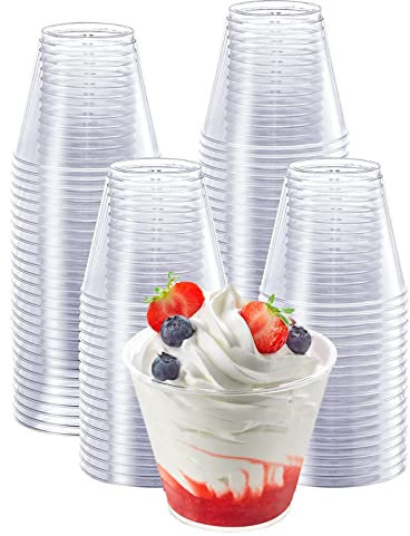 CYH 60 Piezas Vasos de Postre Redondos, 270 ml Mini Tazas de Postre de Plástico, Reutilizables Copas de Postre Transparentes Copa de Aperitivo para Mousse Pudines Gelatina Tiramisú Postres Helados