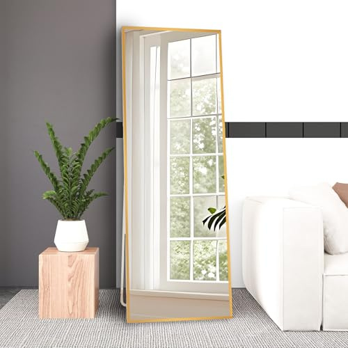 AUFHELLEN Standspiegel mit Gold Metallrahmen 165x60cm Ganzkörperspiegel | Rahmen aus Aluminiumlegierung, Gehärtetes Glas, Stehend Lehnend oder Hängend an der Wand für Schlafzimmer, Wohnzimmer Flur