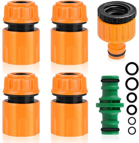 TIECHI Garden Hose Connector and Fittings Set, Outside Tap Connector for Hose Pipe, 4 Hose End Quick Connectors, 1 Double Male Snap Connector, 1 Tap Connector 1/2 Inch & 3/4 Inch