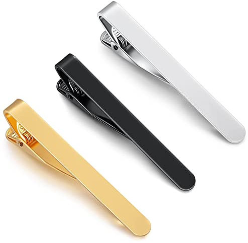 MEISO 3 Pièces Pince à Cravate Homme, Pince à Cravate Cuivre, Pince à Cravate Slim, Epingle a Cravate Homme, Pinces à Cravate Classiques, pour D'affaires, Mariage, Vie Quotidienne (Or, Argent, Noir)