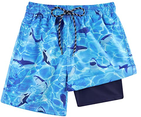 Dancinova Badeshorts Jungen Badehose Kinder Kompression Liner Schwimmhose Schnelltrocknend mit Boxershorts Liner, Delfin, 8 Jahre