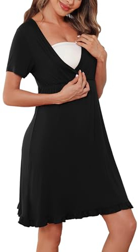 Bresdk Nattlinne Kvinnor Nattlinne Förlossning Sjukhus Sommar Amning Kortärmad Moderskap Pyjamas Volant Klänning, A - Svart, XL