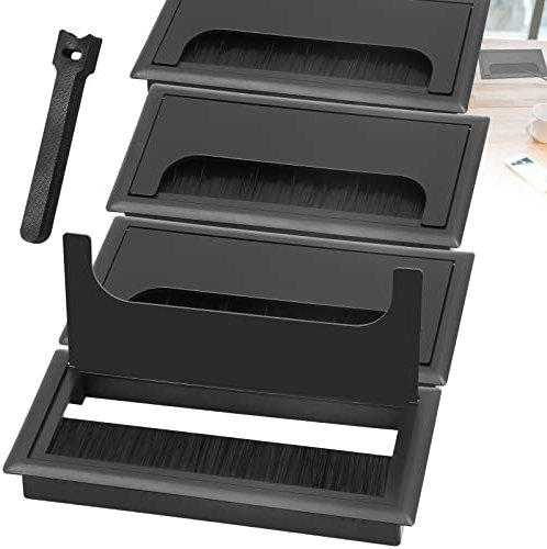 ADNEWX® 4 passacavo nero, passacavo rettangolare con guarnizione a spazzola e 10 fascette per mobili, scrivania, uscita cavo 80 x 160 mm