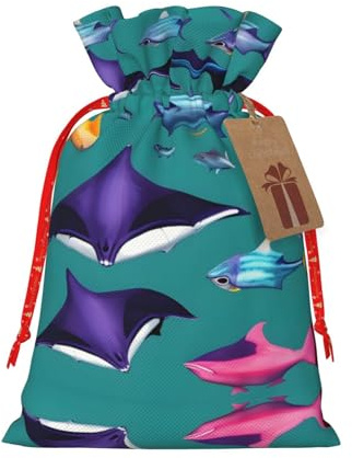 ZISHAK Manta Ray and Fishes zarte Jute-Geschenktüte mit Kordelzug, handwerklicher Stoff, Geschenktasche, perfekt für Weihnachten