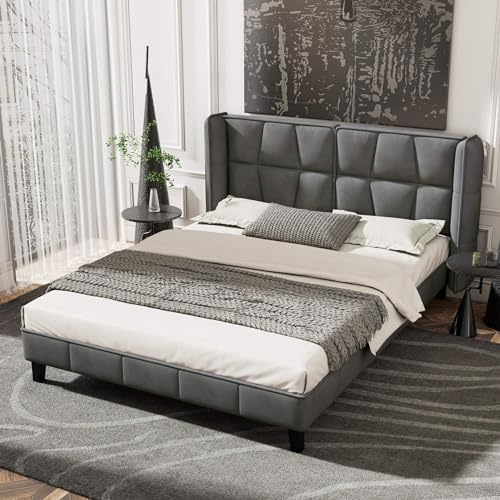 MQGPM Cama doble tapizada de 180 x 200 cm con somier y estructura de cama, espacio de almacenamiento, cama juvenil con cabecero, soporte de listones de madera, fácil montaje, tela de terciopelo