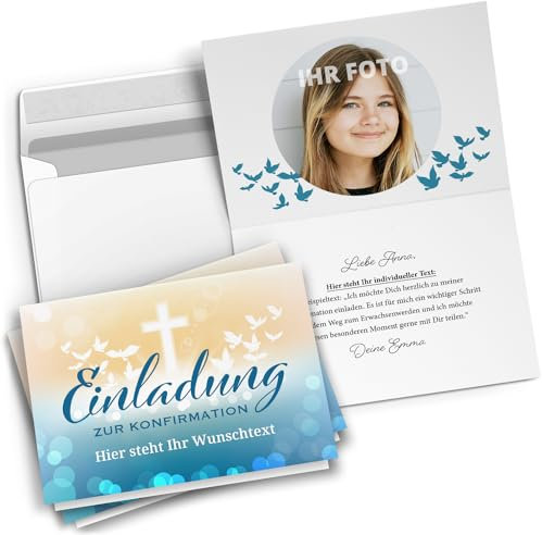 10 personalisierte Konfirmation Einladungskarten mit eigenem Text und Foto - Zauberhafter Verlauf Gelb Blau - Einladungen zur Konfirmation mit Umschlägen Jungen und Mädchen