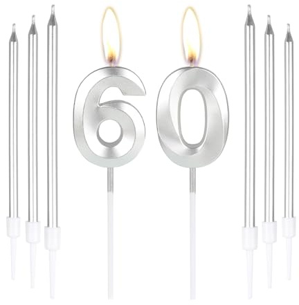 Silber 60. Geburtstag Kuchen Kerzen Zahl 60 Kerzen mit 6 Stück langen Kerzen, Partykerzen für Kuchen, Silberkerzen Kuchendekorationen für Jungen, Mädchen, Männer, Frauen, 60. Geburtstag Dekorationen