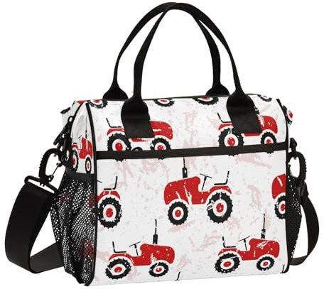 Kcldeci Lunchtasche für Männer und Frauen, Lunchbox-Tragetasche für die Arbeit, rote alte Traktoren, Lunchbox, Kühlbox für Kinder, mit Schultergurt und Seitentasche für Picknick, Wandern, Outdoor