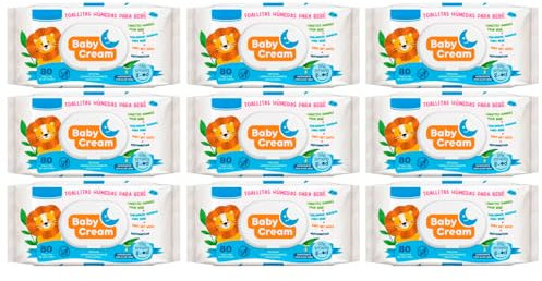 Acan Tradineur - Pack de 9 Paquetes de Toallitas húmedas para bebé Baby Cream - Incluye 80 Unidades por Paquete - Material Natural - Incluye Tapa.